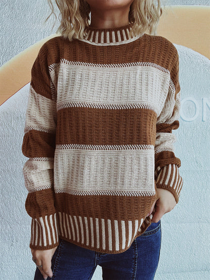 Damen Strickpullover Streifenmuster Hochbündchen Norvielle
