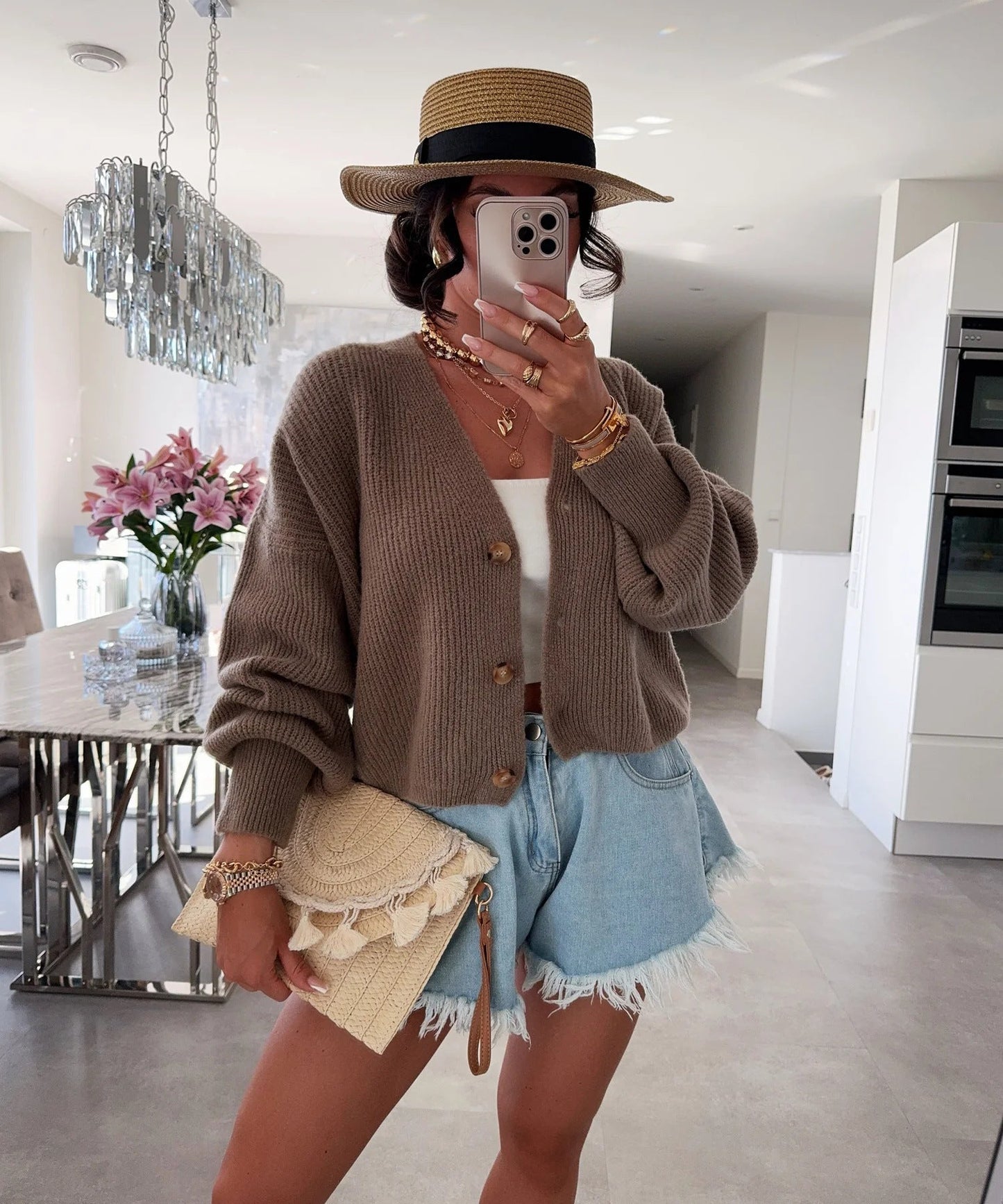 Damen Strickjacke Großknöpfe Lockere Ärmel Beige