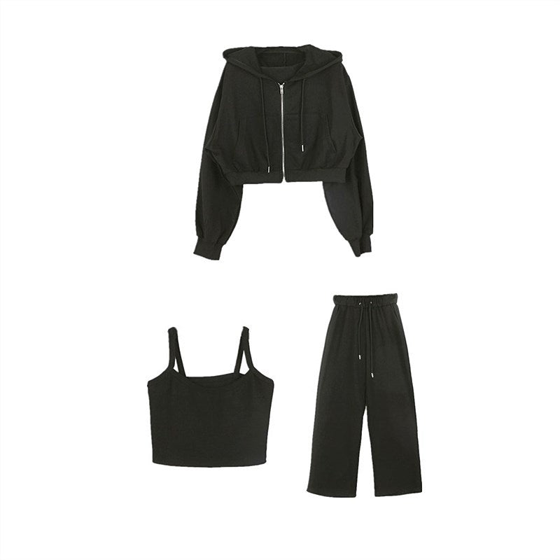 Damen Drei-Teiliges Set Cropped Hoodie Tanktop Weite Hosen