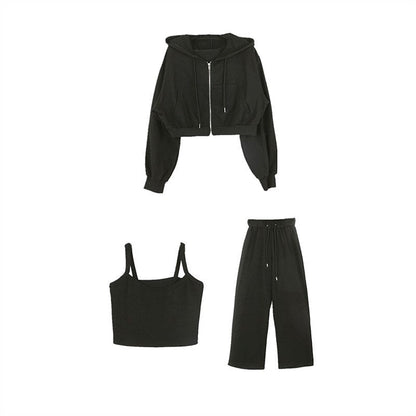 Damen Drei-Teiliges Set Cropped Hoodie Tanktop Weite Hosen