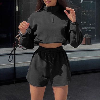 Damen Sportoberteil Cropped Kapuzenpulli mit kurzen Hosen