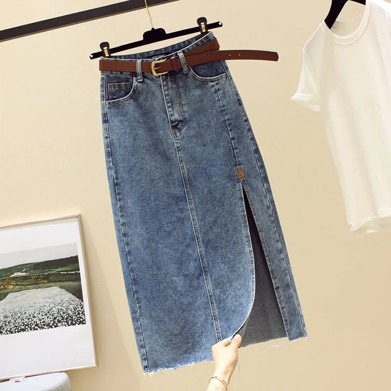 Damen Maxi-Rock aus Denim mit seitlichem Schlitz Schwarz - Norvielle