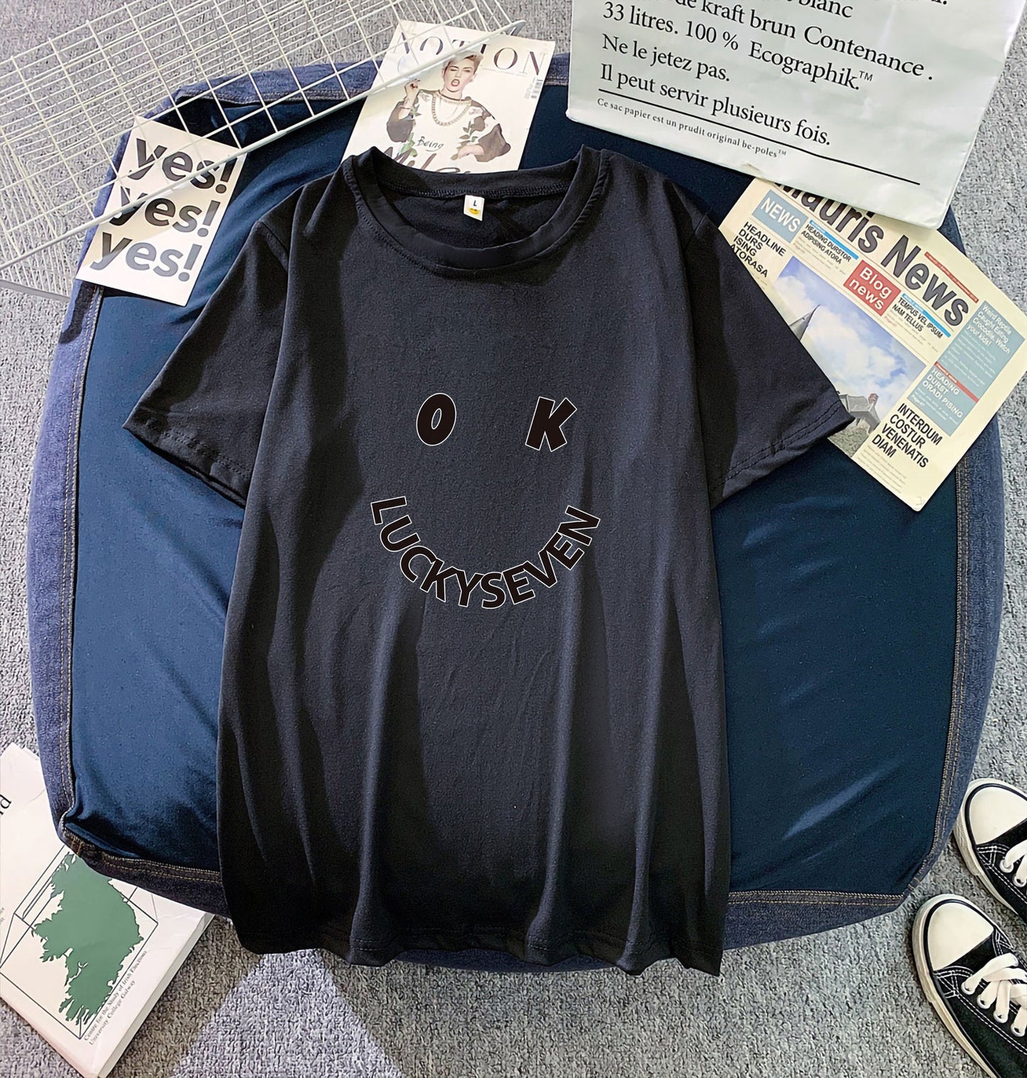 Damen T-Shirt Baumwolle Lässig Smiley-Print Weiß