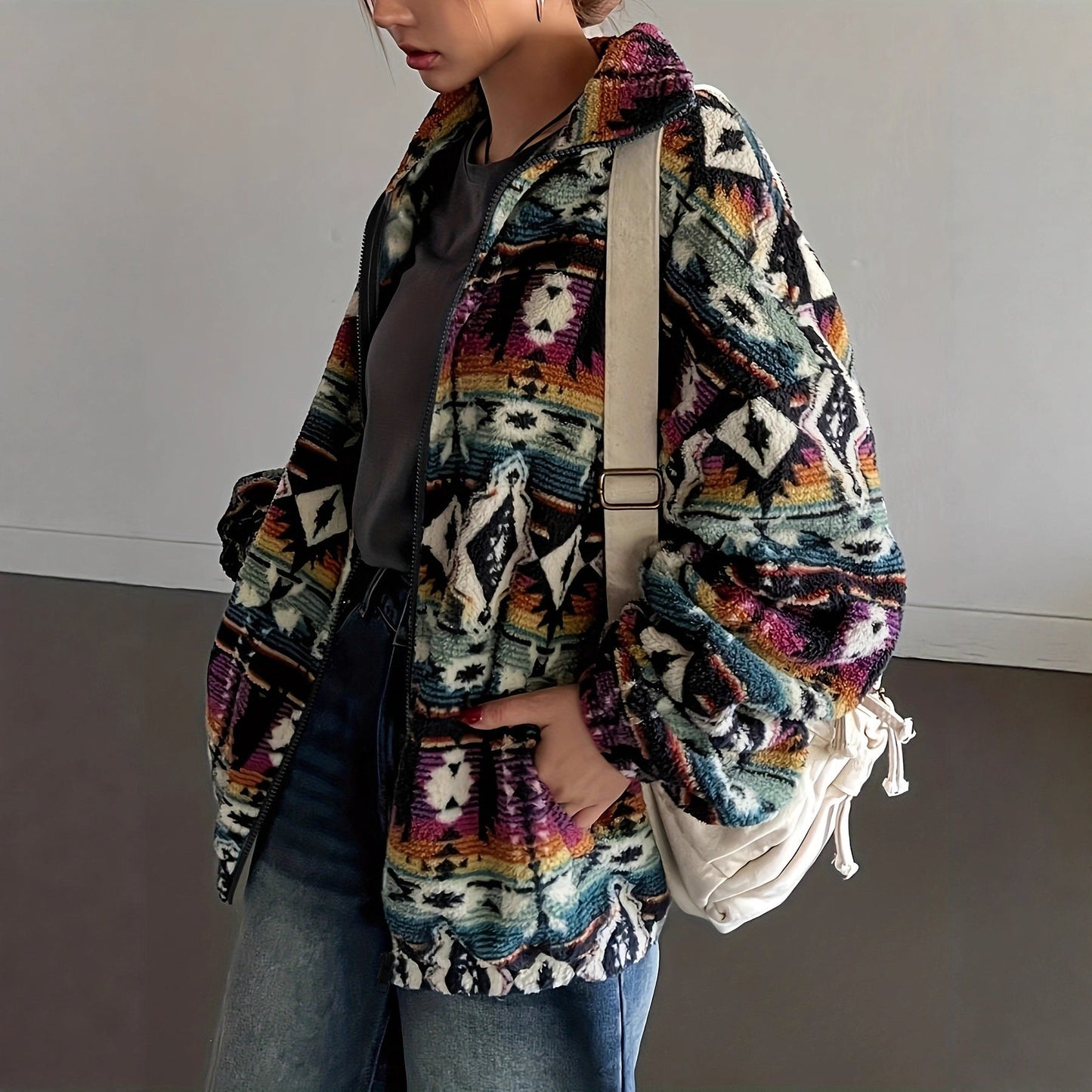 Damen Fleecejacke Bunt Ethno-Muster Weich Norvielle