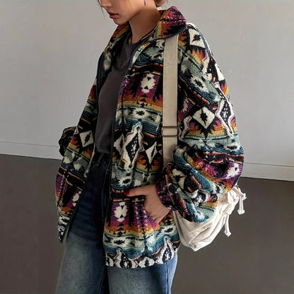 Damen Fleecejacke Bunt Ethno-Muster Weich Norvielle