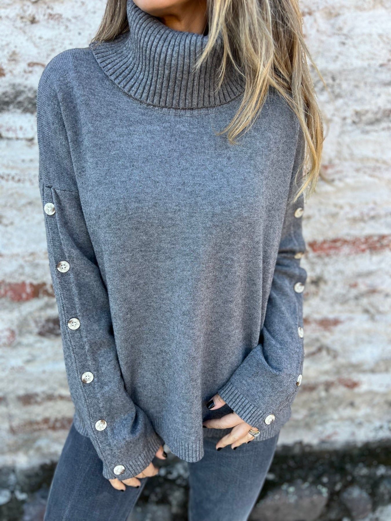 Damen Pullover Rollkragen Dekorativer Knopf Norvielle