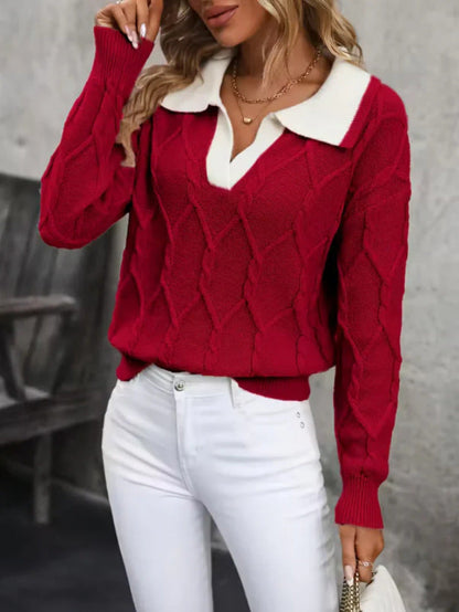 Damen Strickpullover Klassischer Polokragen Rautenmuster