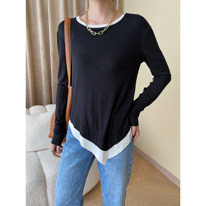 Damen Langarmshirt Asymmetrischer Saum Feines Material Beige - Norvielle