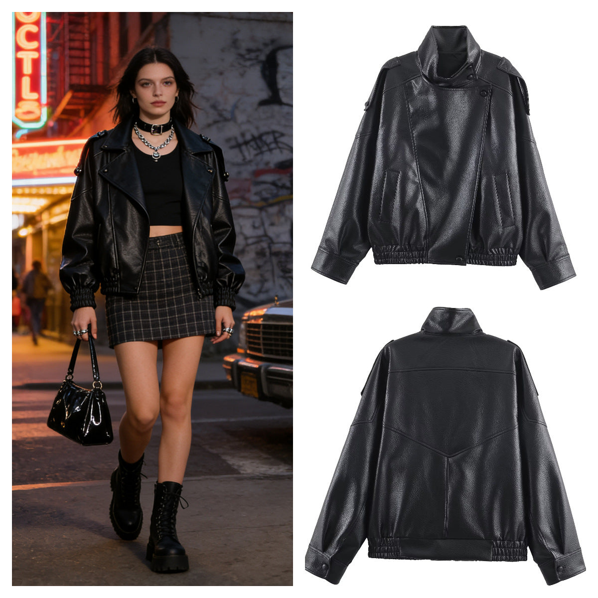 Damen Kunstlederjacke Elegant Revers Schwarz - Norvielle