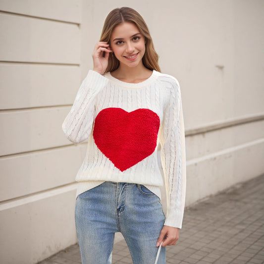 Damen Strickpullover Herz-Applikation Luftige Maschenstruktur - Norvielle