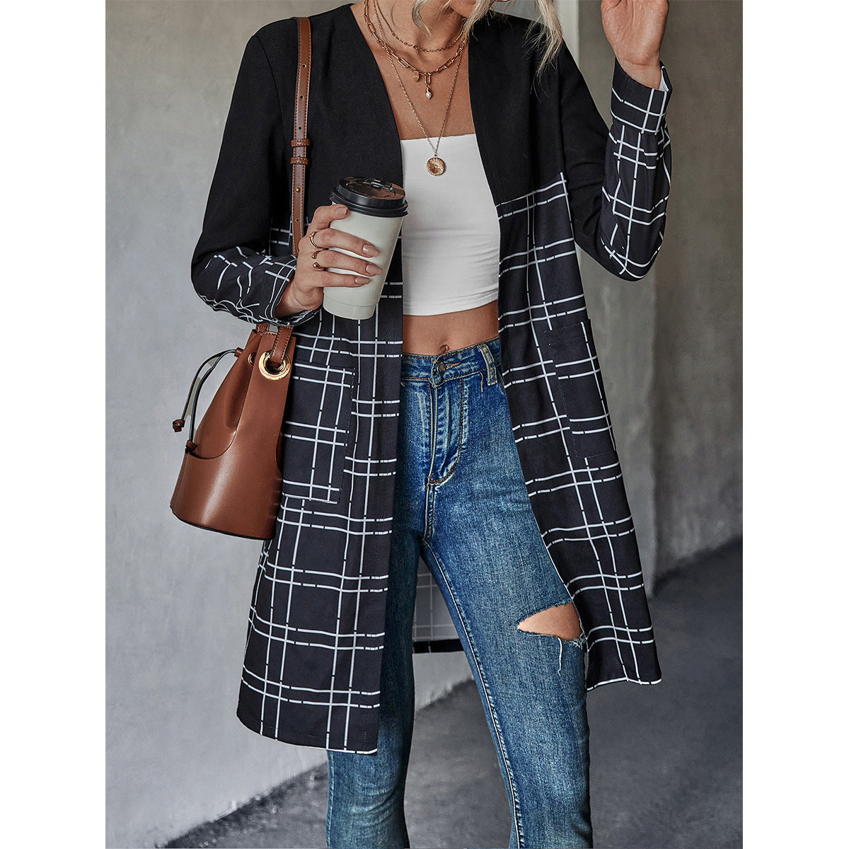 Damen Blazer Lang Karomuster Schwarz Weiß - Norvielle