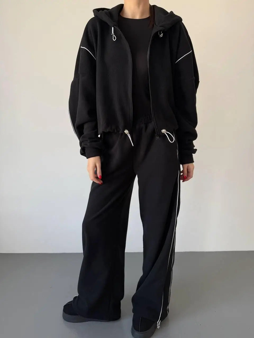Damen Sweatanzug Kapuzenpullover Weite Hose Seitenstreifen Norvielle