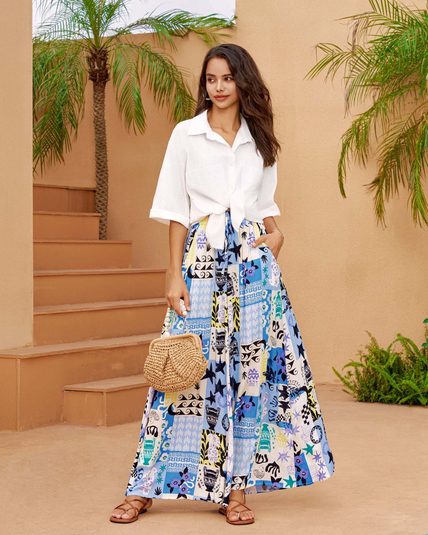 Damen Maxikleid Bunt Geometrisch Hochgeschlitzt Lang