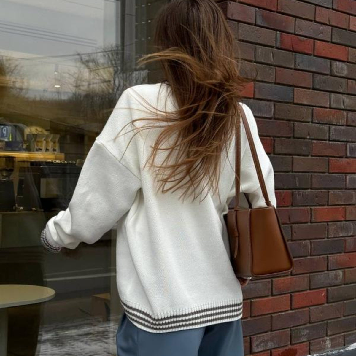 Damen Sweatpullover mit Schriftzug und Streifen Bündchen