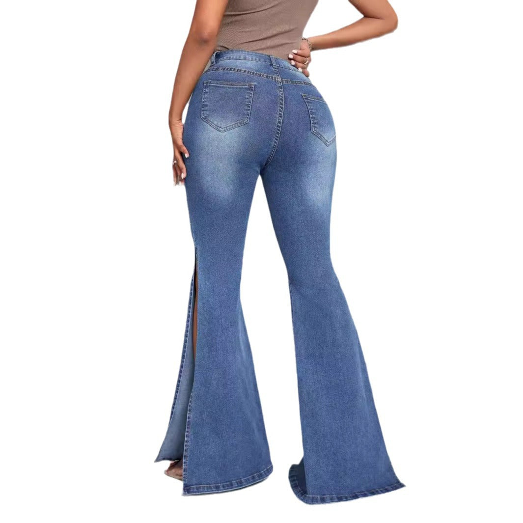 Damen High-Waist Flare Jeans mit Schlitzen Norvielle
