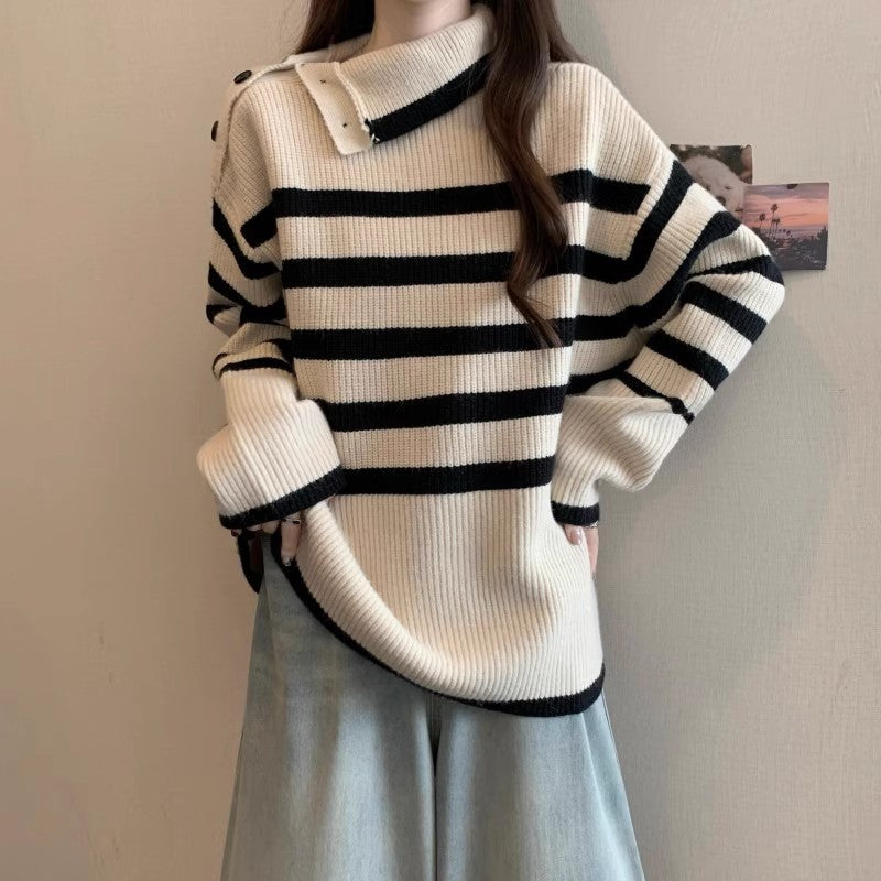 Damen Strickpullover Asymmetrischer Kragen Streifenmuster Norvielle - Norvielle