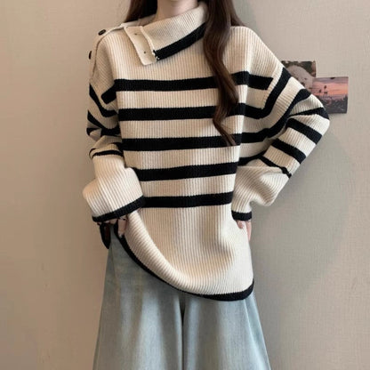 Damen Strickpullover Asymmetrischer Kragen Streifenmuster Norvielle - Norvielle