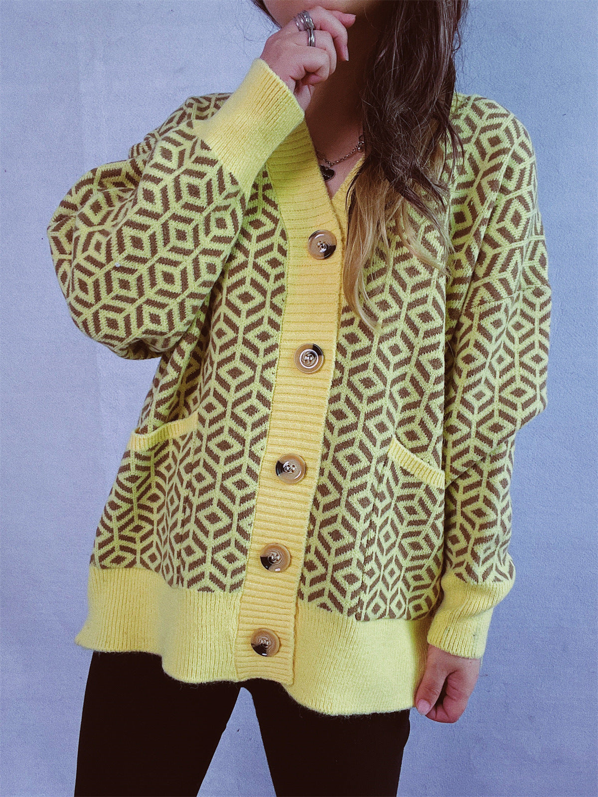 Damen Strickjacke Geometrisches Muster Goldton Norvielle
