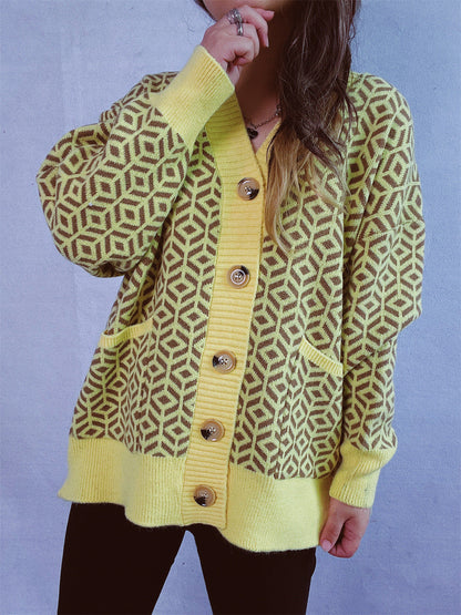 Damen Strickjacke Geometrisches Muster Goldton Norvielle