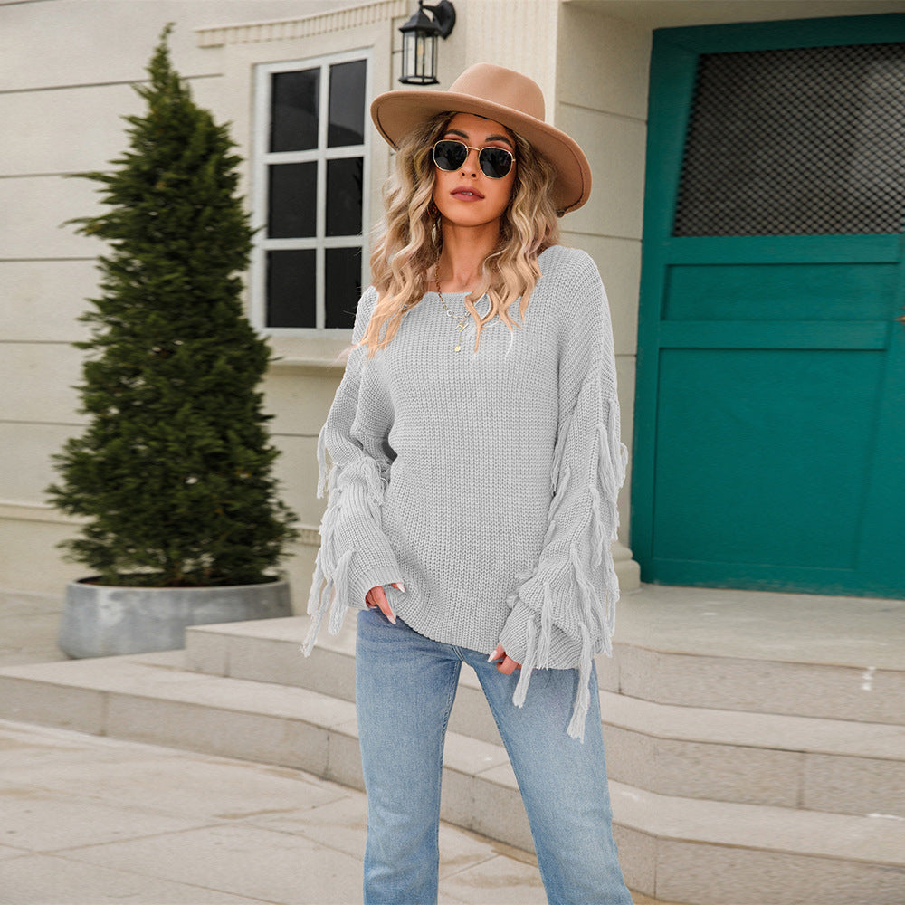 Damen Strickpullover Lässig Fransen Weit Norvielle