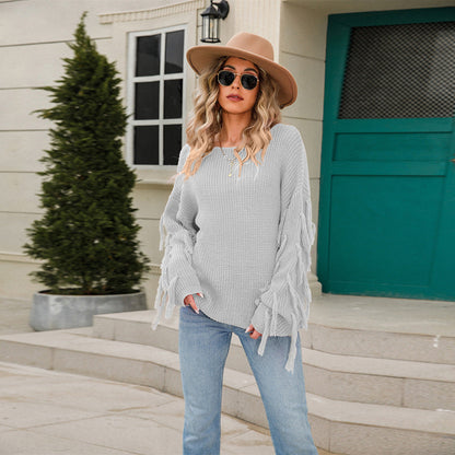 Damen Strickpullover Lässig Fransen Weit Norvielle