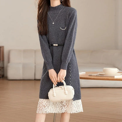 Damen Strickkleid mit Spitzensaum und Taillengürtel Norvielle