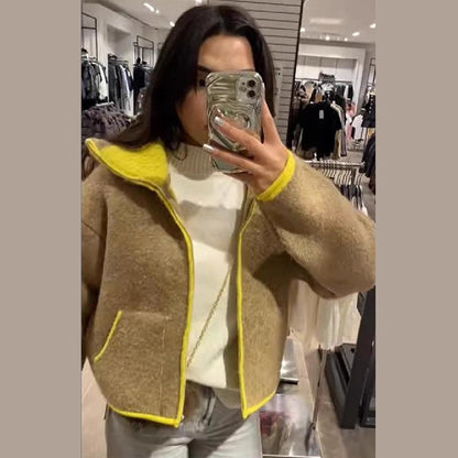 Damen Wolle Jacke Auffälliger Kragen Schwarz - Norvielle