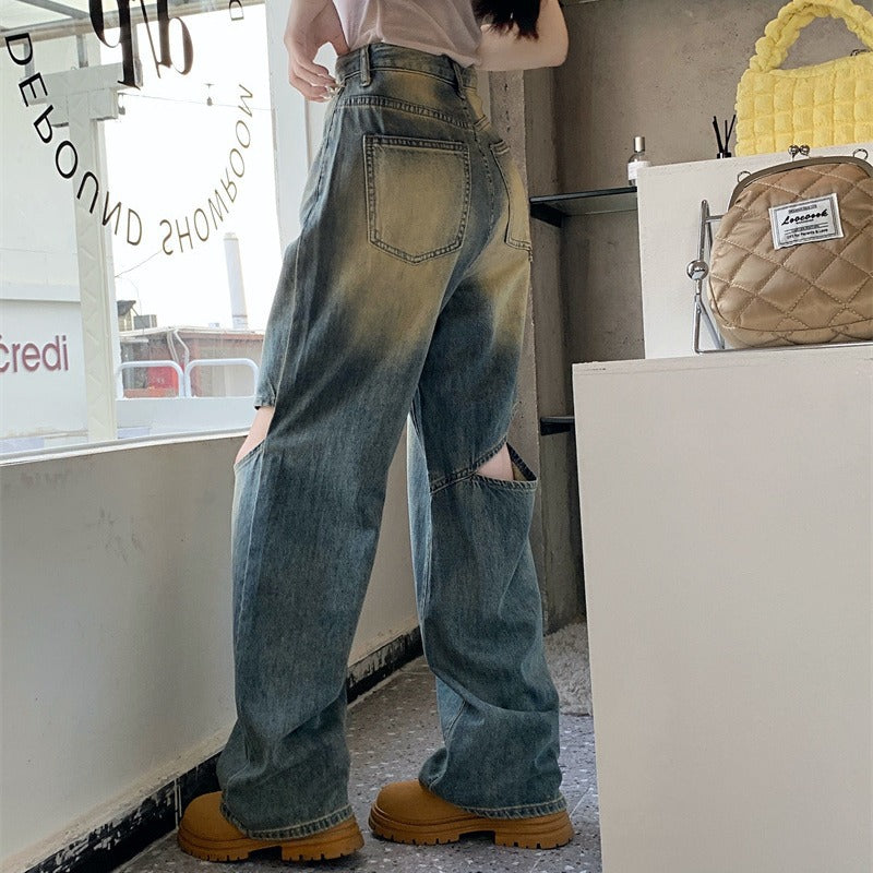 Damen Weite Denim-Hose Asymmetrische Knöpfe