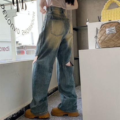 Damen Weite Denim-Hose Asymmetrische Knöpfe