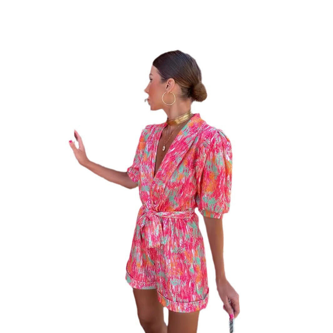 Damen Jumpsuit V-Ausschnitt Knöpfgürtel Norvielle
