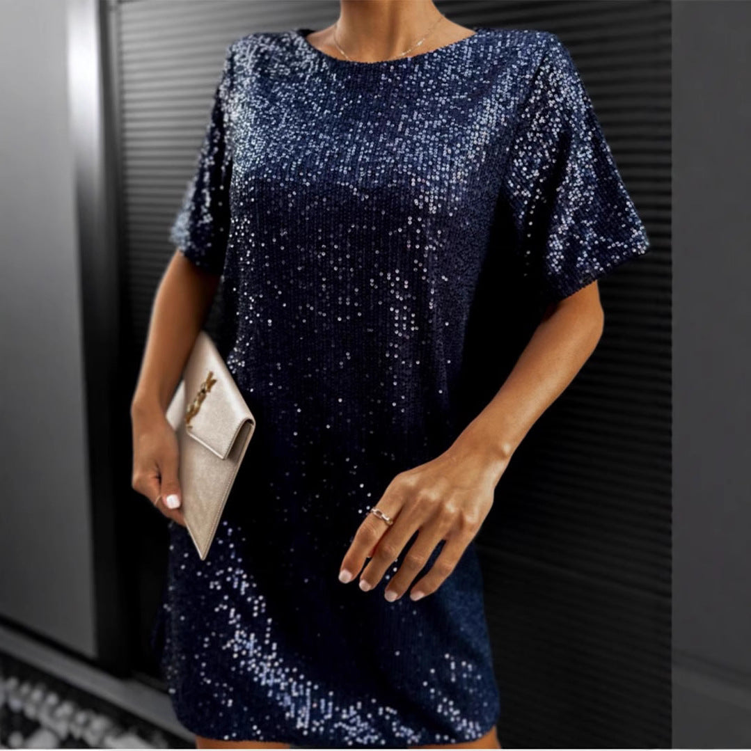 Damen Paillettenkleid Kurz Rundhalsausschnitt Glänzend