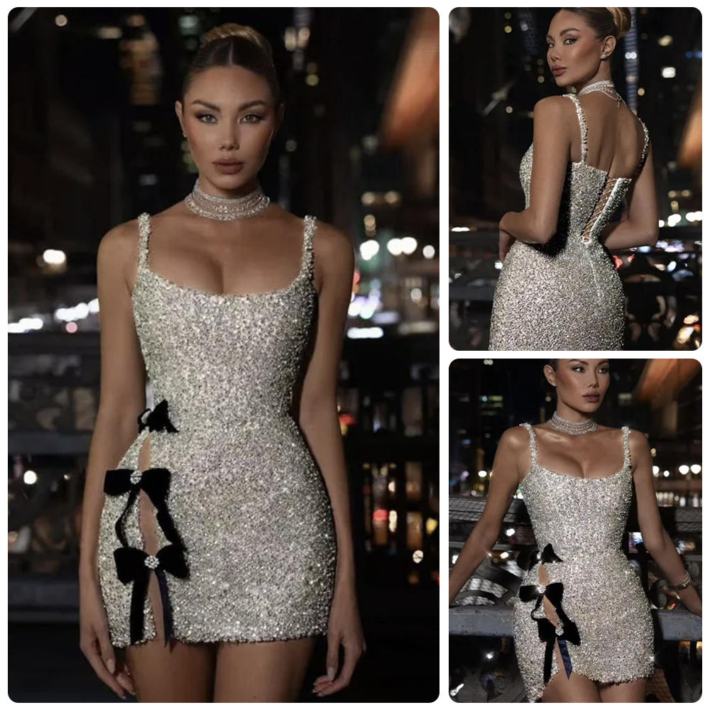 Damen Minikleid Pailletten Figurbetont Schwarz - Norvielle
