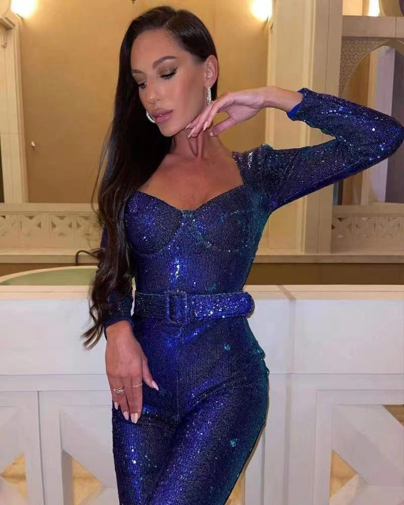 Damen Einteiler Outfit Glitzernd Tailliert