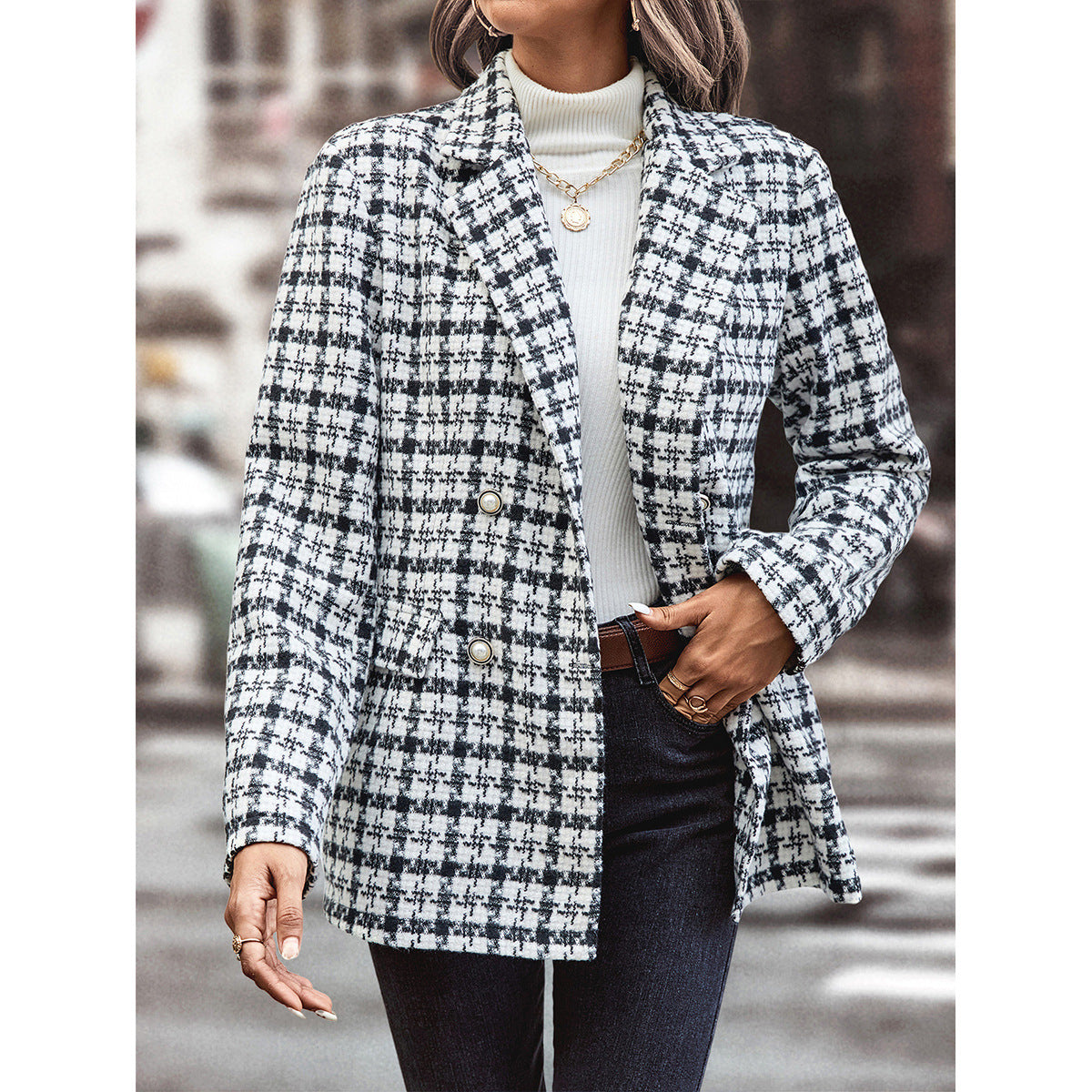 Damen Blazerjacke kariert Doppelpunktung Lässiger Schnitt - Norvielle