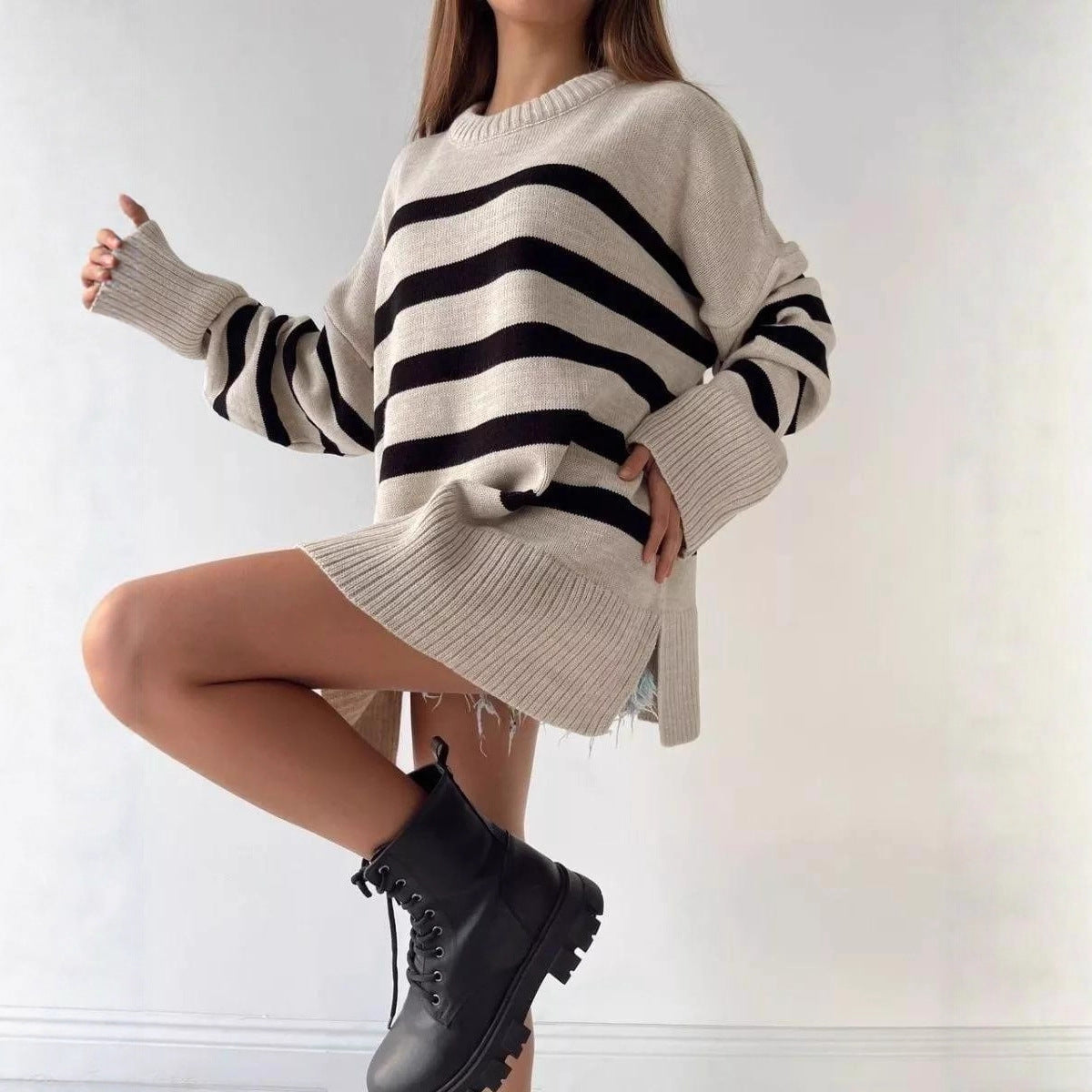 Damen Oversized Strickpullover Streifenmuster Hochkragen Beige - Norvielle