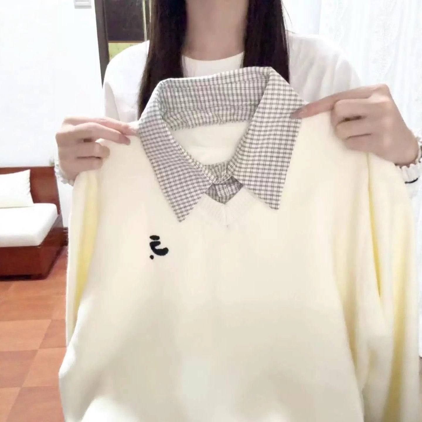 Damen Pullover Karo-Details Abnehmbarer Kragen Norvielle