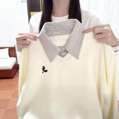 Damen Pullover Karo-Details Abnehmbarer Kragen Norvielle