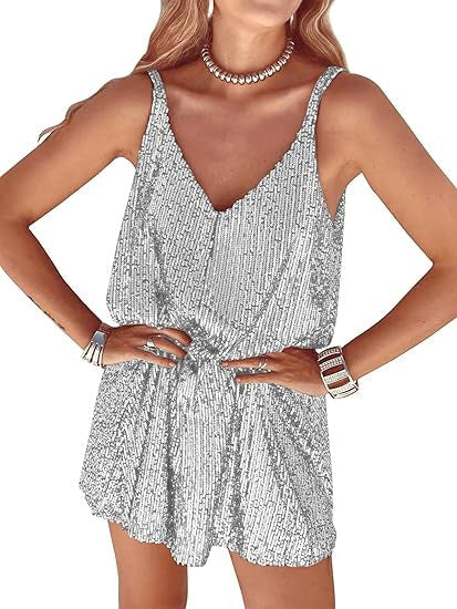 Damen Glitzer Jumpsuit V-Ausschnitt Elastisch Norvielle
