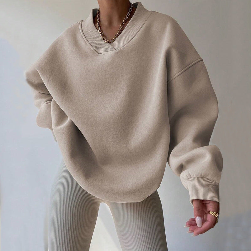 Damen Oversized Sweatshirt V-Ausschnitt Breiter Bund Norvielle - Norvielle