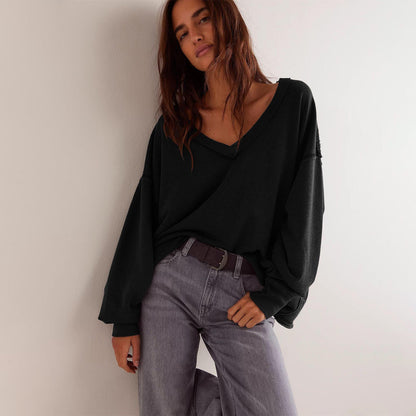 Damen Oversized Sweatshirt V-Ausschnitt Lässiger Schnitt Beige