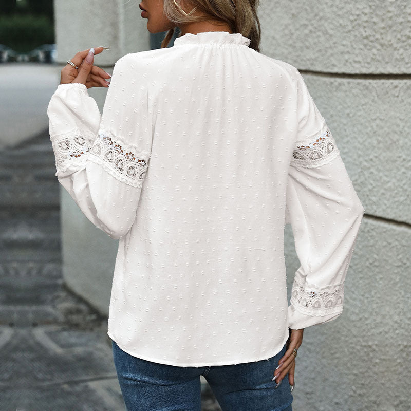 Damen Baumwollbluse Spitze Rüschendetails Elegante Weiß