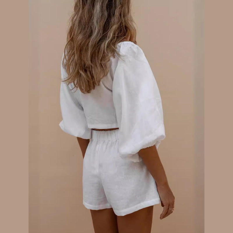 Damen Zweiteiliges Set mit Puffärmeln und Krawatte
