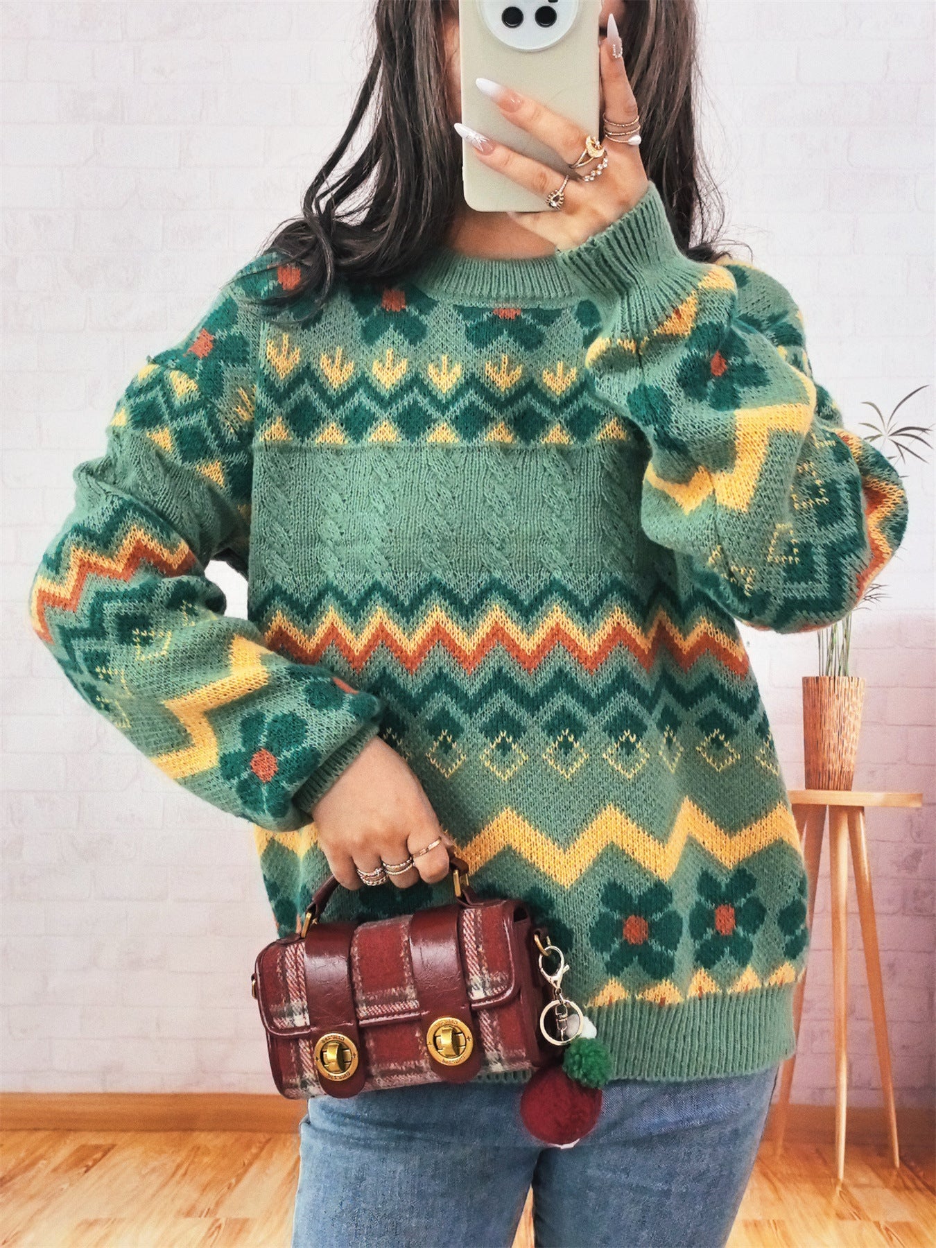 Damen Grobstrickpullover Bunt Geometrisches Muster