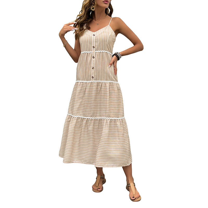 Damen Maxikleid Sommer Streifen Knopfleiste Norvielle