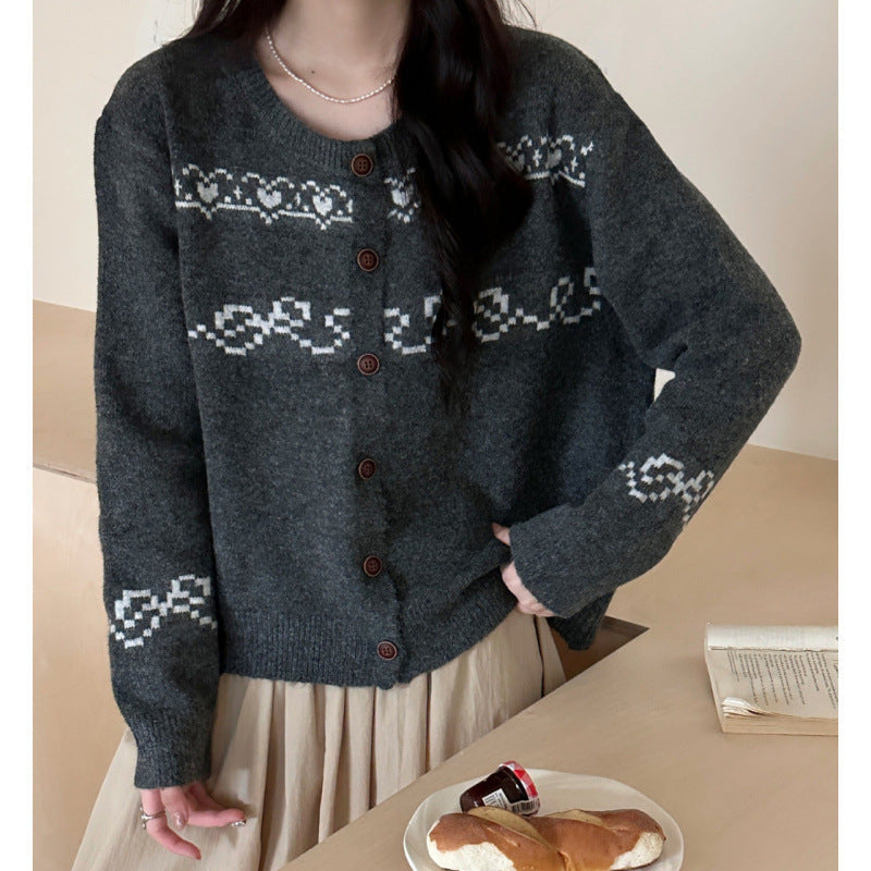 Damen Strickcardigan Traditionelle Muster Holzknöpfe Beige