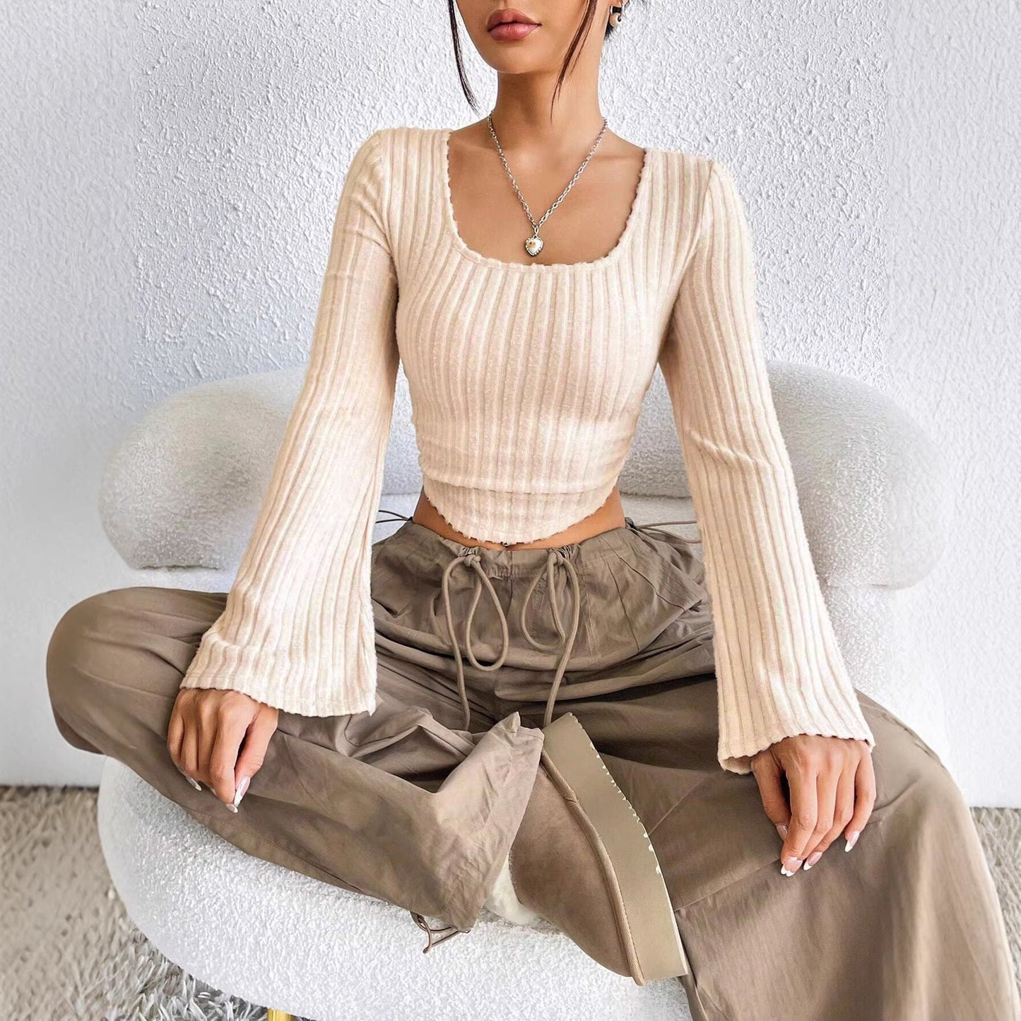 Damen Langarm Crop Rippdesign Abgerundet Norvielle