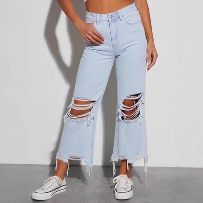 Damen Destroyed Jeans Weites Bein Rissig Norvielle - Norvielle