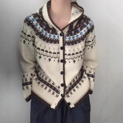 Damen Strickjacke Kapuze Norwegermuster