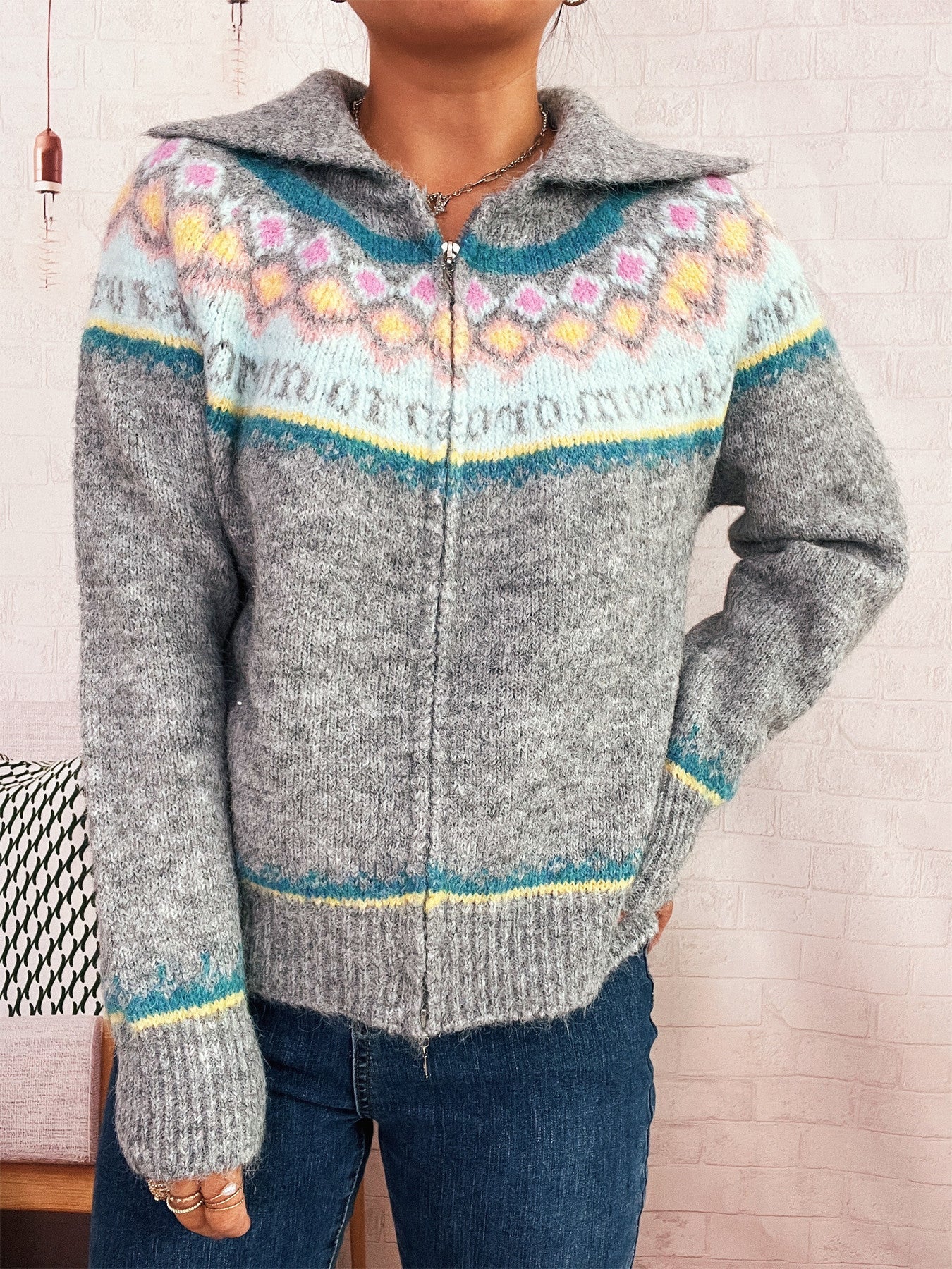 Damen Strickjacke Floralmuster Modern Reißverschluss Norvielle