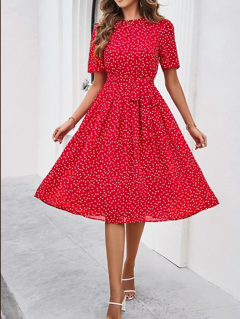 Damen Midikleid Punktedesign Taillengürtel Norvielle